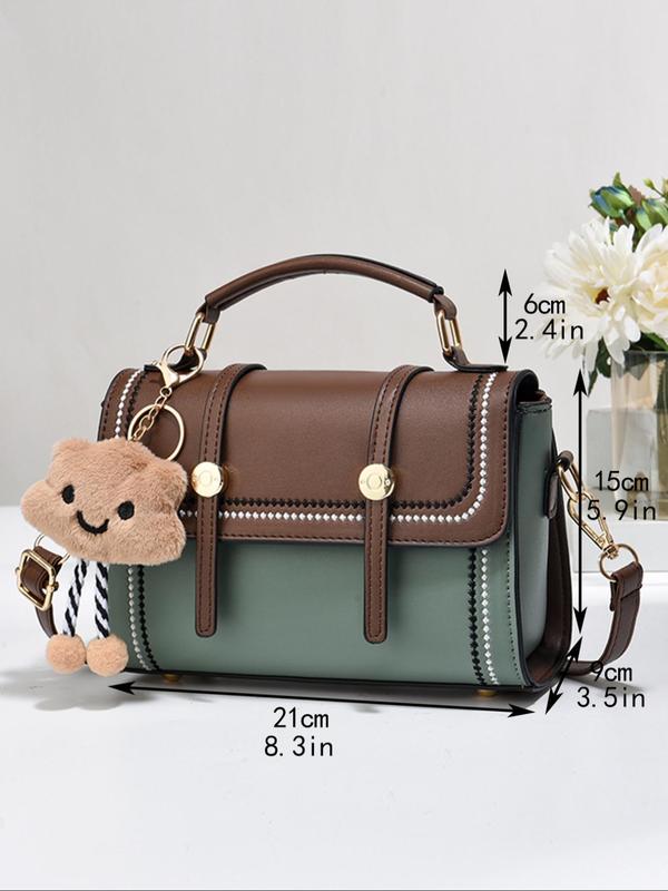 Fashionable Colorblock Handbag with Cute Bear Charm Decor, Luxury Handbags for Women, Trendy Versatile Pu Leather Zipper Crossbody Bag, Casual Matching Bag for Women