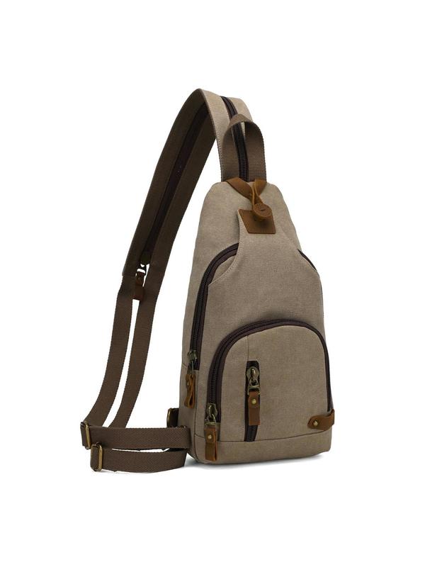 Men's Casual Solid Color Canvas Sling Bag, Fashionable Vintage Zipper Chest Bag for Daily Used, Casual Trendy Versatile High-quality Daily Commuting Bag