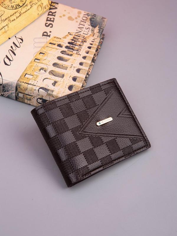 Men's Trendy Checkerboard Design Pu Short Wallet As Gift Sets for Boyfriend, Summer Letter Label Decorated Business Wallet, Light Luxury Multi-card Texture Wallet, Lychee Texture Bifold Wallet As Gift