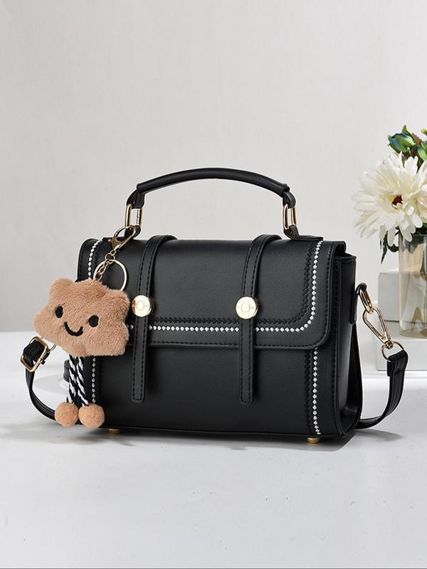 Fashionable Colorblock Handbag with Cute Bear Charm Decor, Luxury Handbags for Women, Trendy Versatile Pu Leather Zipper Crossbody Bag, Casual Matching Bag for Women