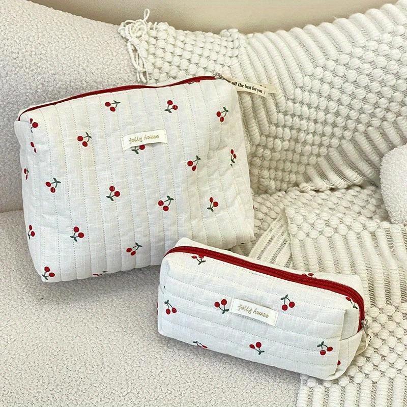 Cherry Pattern Quilted Cosmetic Storage Bag, 2 Counts set Cute Design Makeup Bag, Zipper Makeup Organizer Pouch, Travel Storage Bag Great for Skincare, Lotion, Cream, Lip Balm, Eyeliners, Mirror, Stationery