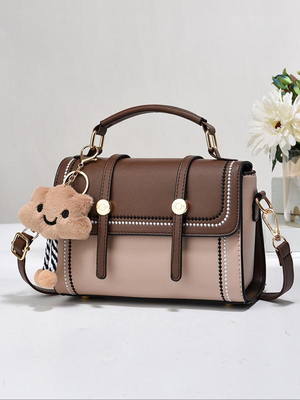 Fashionable Colorblock Handbag with Cute Bear Charm Decor, Luxury Handbags for Women, Trendy Versatile Pu Leather Zipper Crossbody Bag, Casual Matching Bag for Women