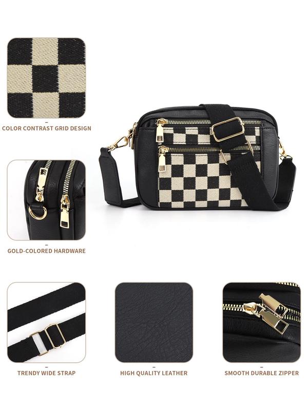 Checkerboard Pattern Crossbody Bag, Fashionable PU Leather Zipper Shoulder Bag for Women, Casual Trendy Versatile High-quality Daily Commuting Bag