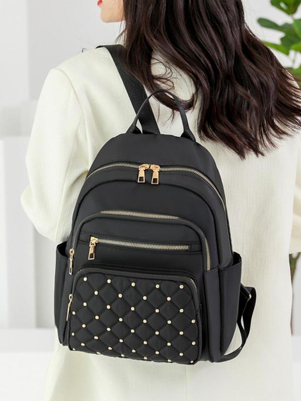 Women's Summer Minimalist Casual Plain Nylon Backpack, 2024 Trendy Quilted Studded Design Large Volume Backpack with Adjustable Strap for Work & Daily Used