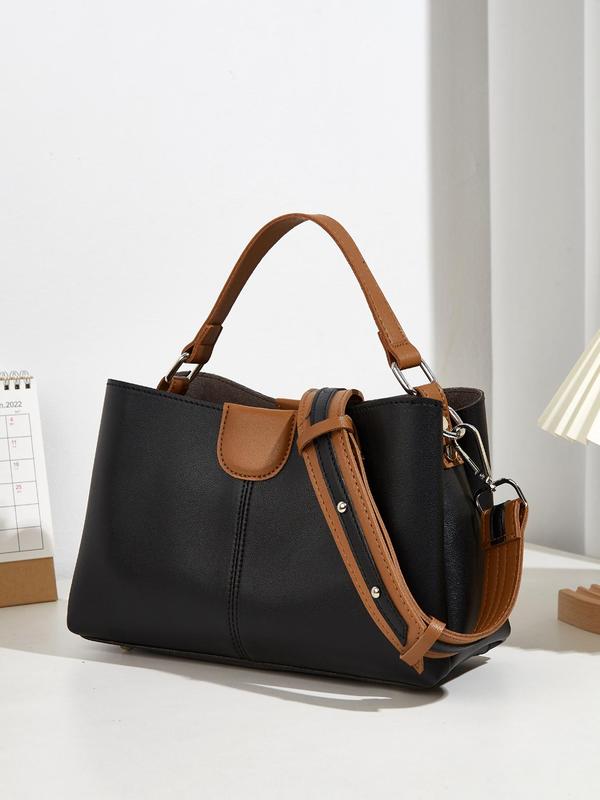 Fashionable Colorblock Pu Leather Handbag, Casual Versatile Zipper Shoulder Bag for Women, Trendy All-match Large Capacity Satchel Crossbody Commuter Bag