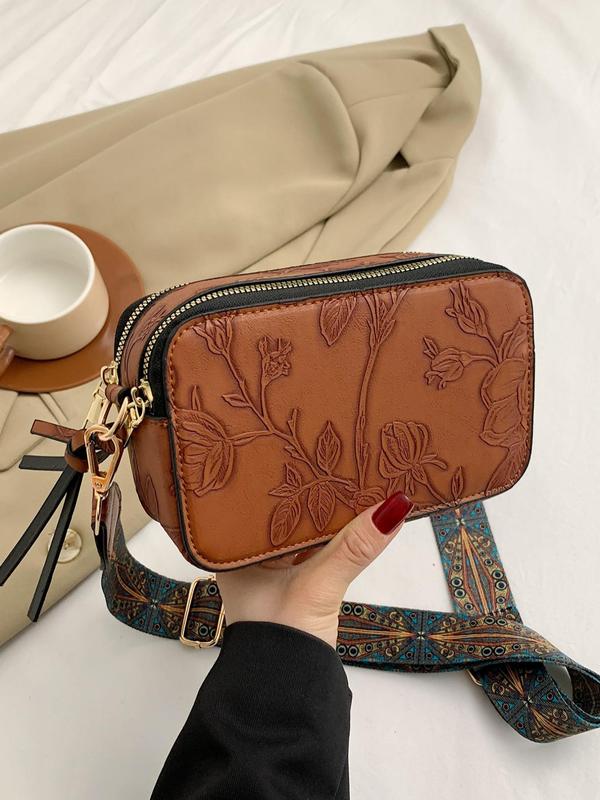 Women's Fashionable Floral Pattern Crossbody Bag, Casual PU Leather Zipper Shoulder Bag for Daily Used, Trendy Versatile High-quality Daily Commuting Bag