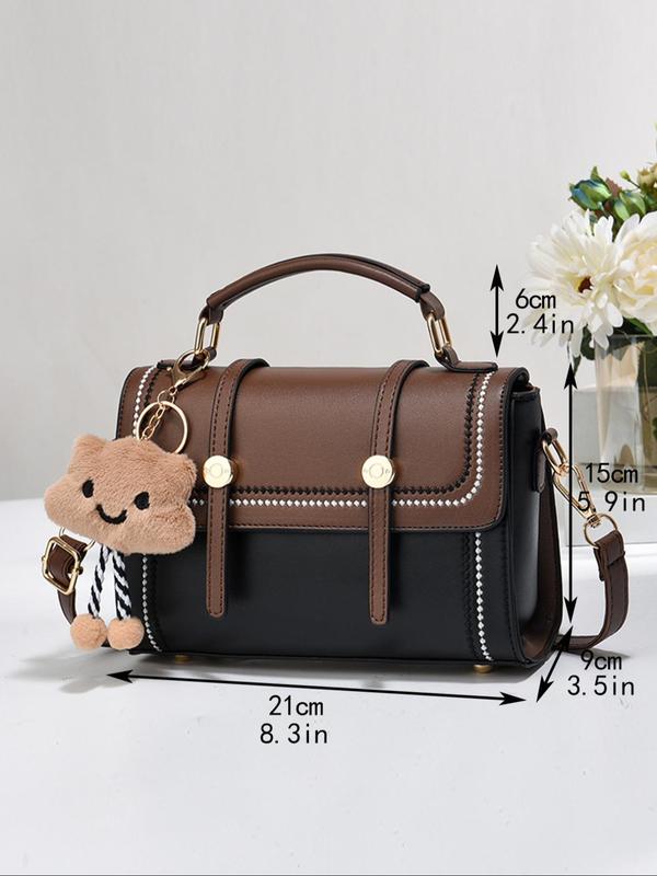 Fashionable Colorblock Handbag with Cute Bear Charm Decor, Luxury Handbags for Women, Trendy Versatile Pu Leather Zipper Crossbody Bag, Casual Matching Bag for Women