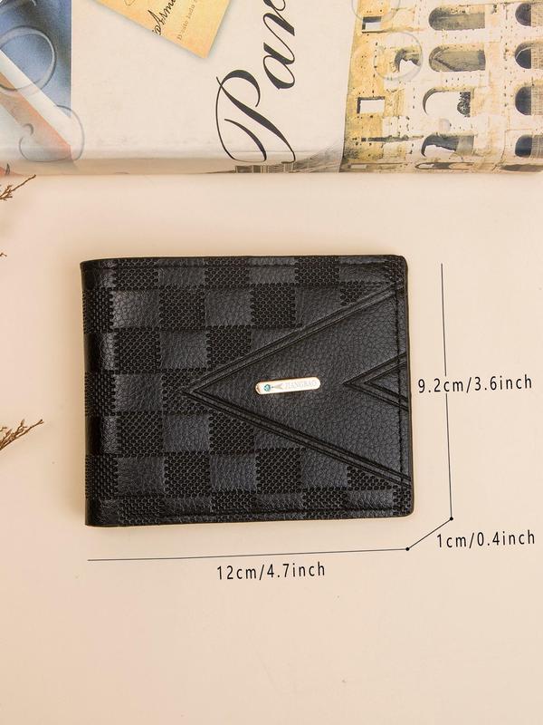 Men's Trendy Checkerboard Design Pu Short Wallet As Gift Sets for Boyfriend, Summer Letter Label Decorated Business Wallet, Light Luxury Multi-card Texture Wallet, Lychee Texture Bifold Wallet As Gift