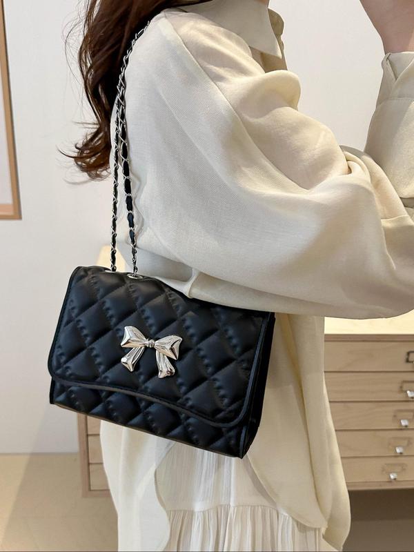 Women's Bow Decorated Quilted Shoulder Bag, Fashionable Solid Color Chain Strap Shoulder Bag for Daily Used, Casual Trendy Versatile High-quality Daily Commuting Bag