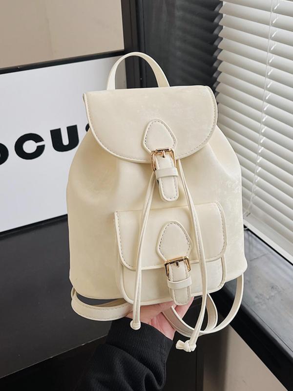 Women's Solid Color Pu Drawstring Flap Backpack, Fashionable Large Capacity Backpack, Casual Versatile Backpack for Daily Used