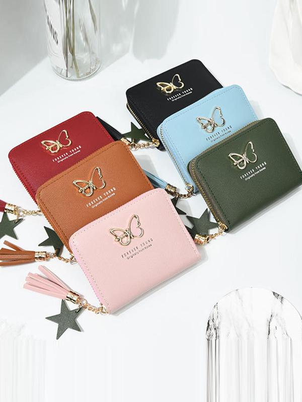 Women's Fashionable Butterfly Decor Tassel Design Short Wallet, Casual Plain Color Zipper Card Holder, Versatile Wallet for Daily Use