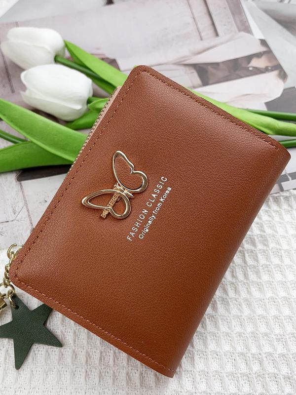 Women's Fashionable Butterfly Decor Tassel Design Short Wallet, Casual Plain Color Zipper Card Holder, Versatile Wallet for Daily Use