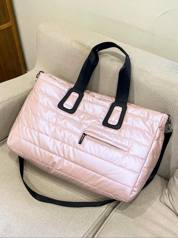 Women's Colorblock Quilted Large Capacity Travel Bag, Fashionable Lightweight Zipper Puffer Bag, Casual Business Trip Crossbody Bag for Daily Life