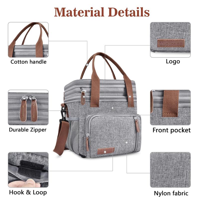 Spring  lunchbag LOKASS Lunch Box for Mother's Day, 16L, Double Deck Expandable Insulated Lunch box For Adults Women Thermal Large Waterproof Leakproof Cooler Bag with Shoulder Strap - Grey