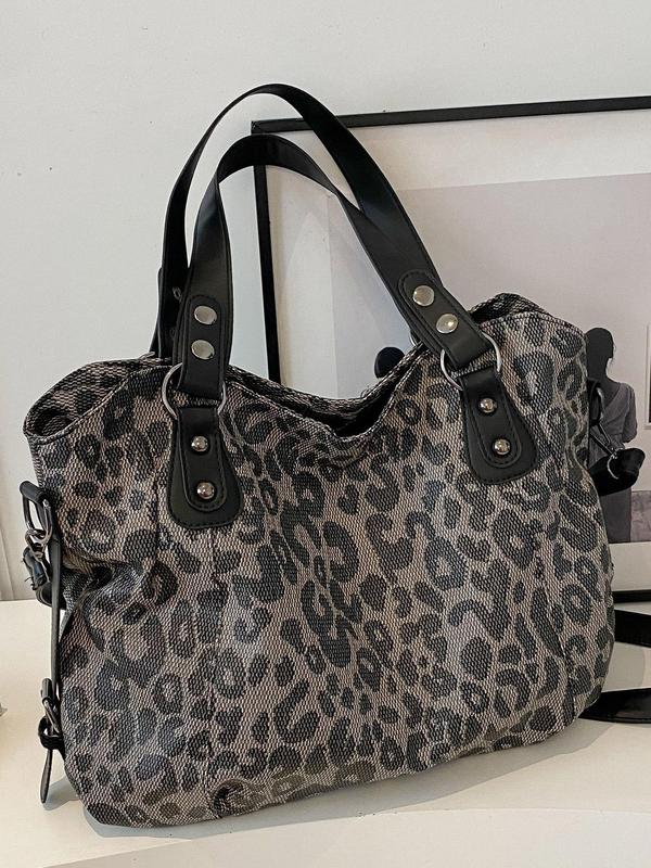 Women's Fashion Leopard Print Rivet Decor Tote Bag, Casual Large Capacity Shoulder Bag for Daily Used, Trendy All-match Bag for Commuters and Students