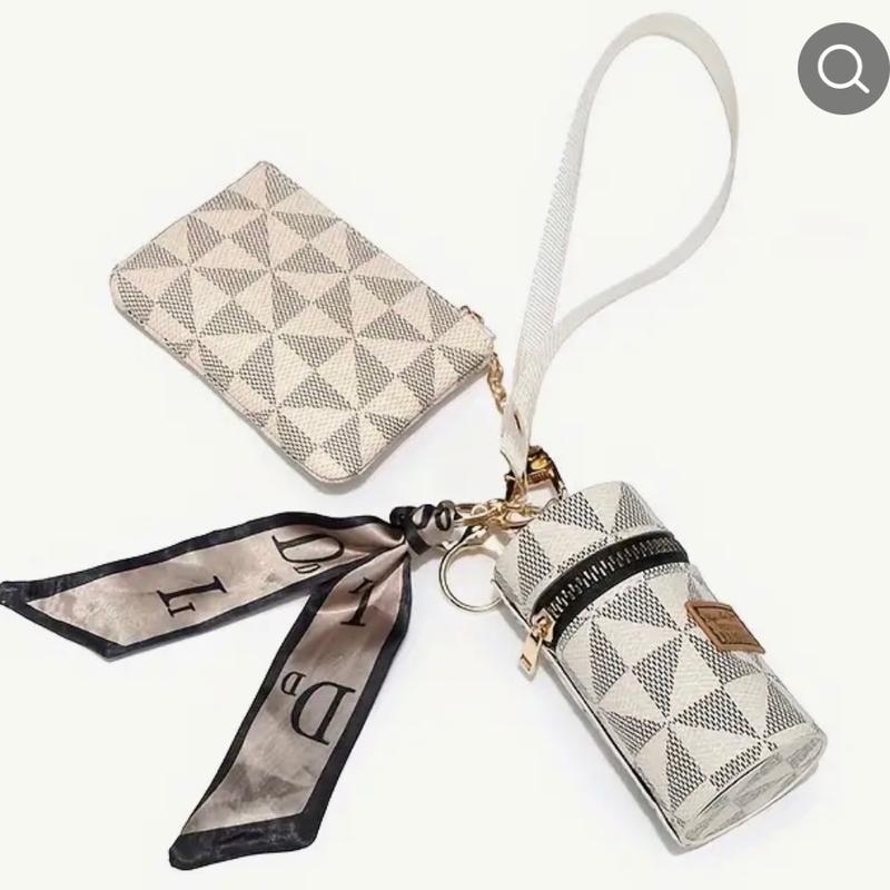 2-Piece Womens Fashion Mini Wallet & Keychain Set - Vibrant Printed Design, Stylishly Simple, Multi-Functional PU Leather Coin Purse with Secure Zipper, Perfect Accessory for Adding a Pop of Color to Your Outfit dual pouch brown retro wristlets white blac