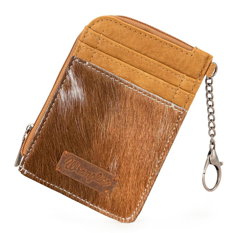 Wrangler Compact Genuine Hair-On Cowhide Mini Zip Card Case with 3 Credit Card Slots and Key Ring