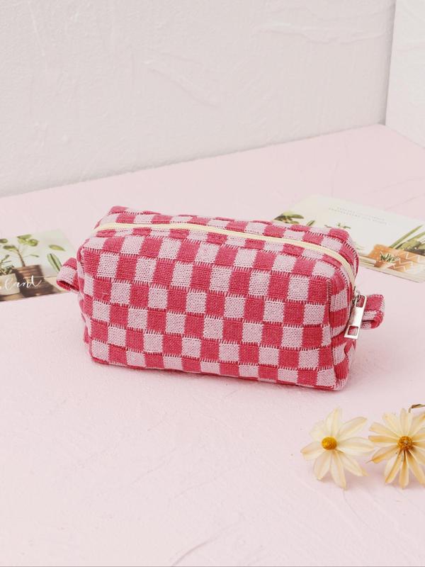 2024 Trendy Plaid Pattern Cosmetic Bag, Matching Kawaii Large Capacity Knitting Storage Bag, Portable Toiletry Bag for Women & Girls