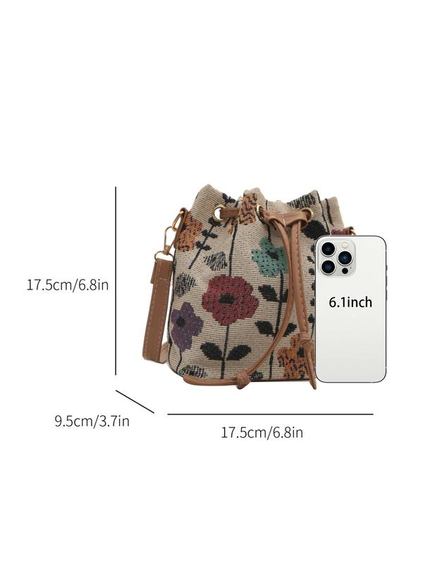 Women's Elegant Floral Pattern Drawnstring Shoulder Bag, Boho Style Crossbody Bag for Daily Used, Casual Trendy Versatile High-quality Daily Commuting Bag