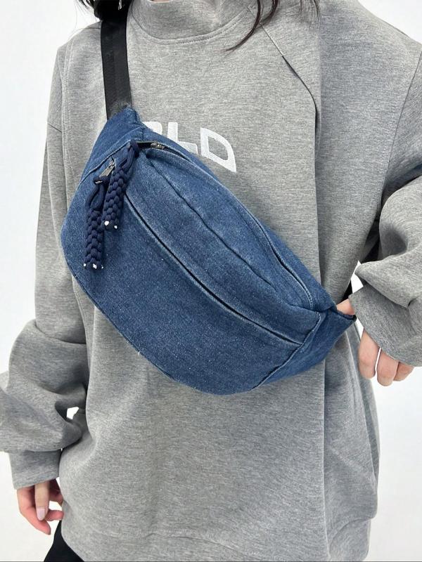 Women's Solid Color Denim Fanny Pack, Fashionable Large Capacity Sling Bag for Daily Used, Casual Trendy Versatile High-quality Daily Commuting Bag