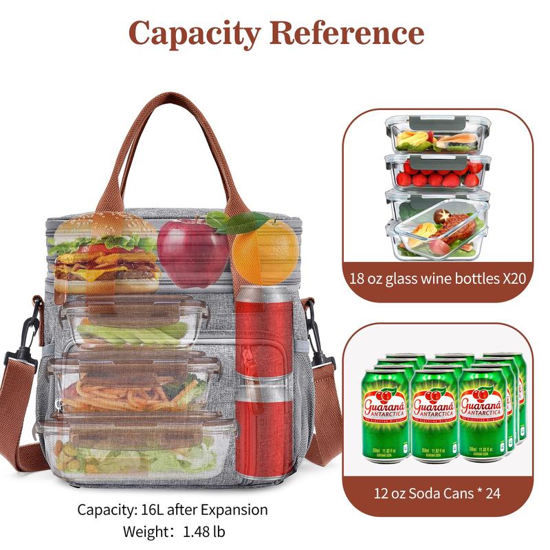 Spring  lunchbag LOKASS Lunch Box for Mother's Day, 16L, Double Deck Expandable Insulated Lunch box For Adults Women Thermal Large Waterproof Leakproof Cooler Bag with Shoulder Strap - Grey