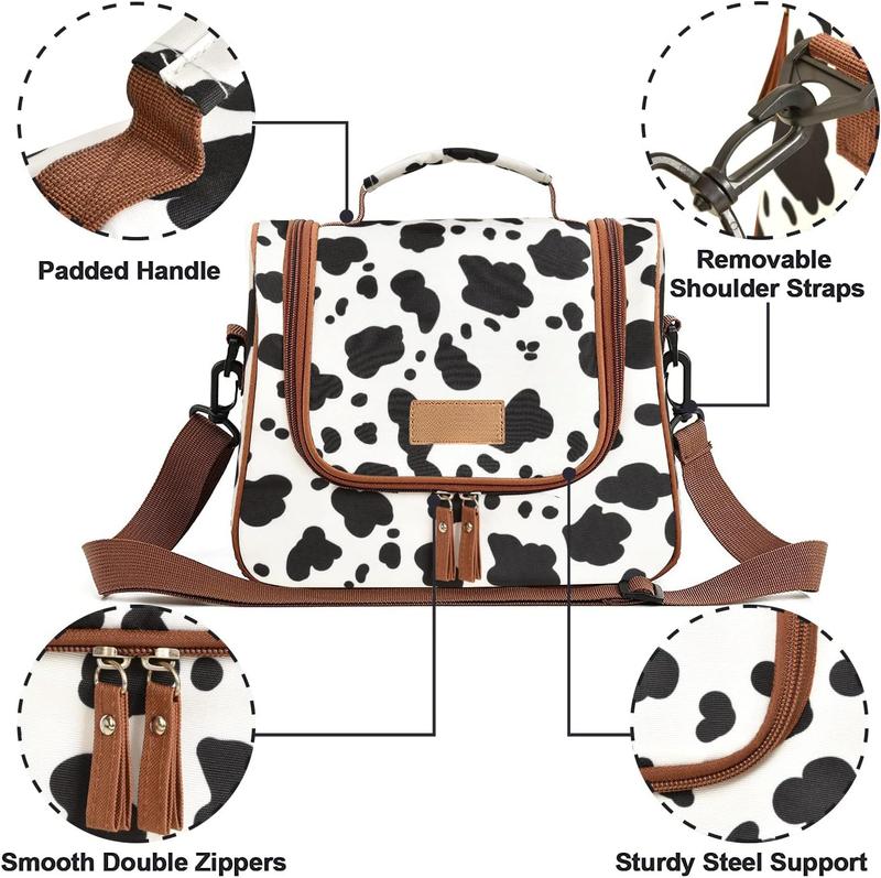 Insulated lunch bag, fashionable refrigerated handbag, reusable lunch box container with shoulder straps, suitable for work, picnic or travel (cows)