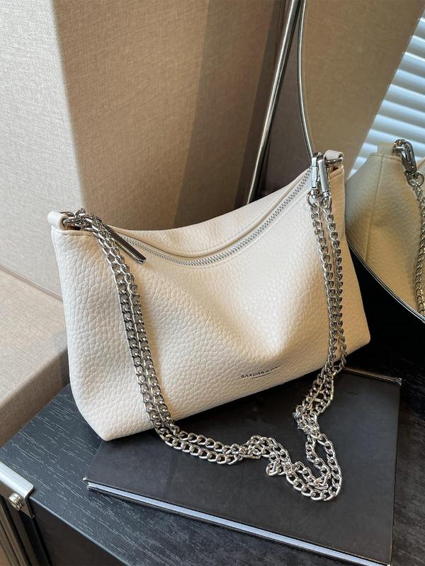 Women's Solid Letter Patch Chain Strap Shoulder Bag, Pu Leather Zipper Crossbody Bag for Daily Used, Lychee Pattern Commuting Bag, Girl Shopping Bag