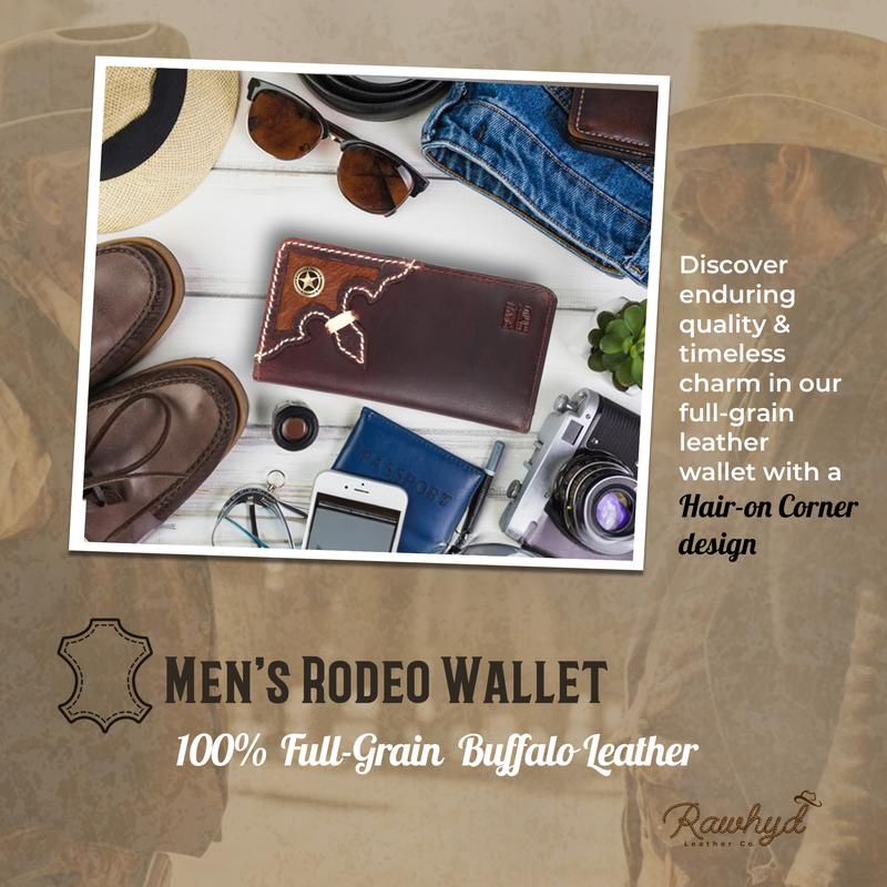 RAW HYD Western Wallets for Men - RFID Blocking Wallet - Full Grain, Hair like Texture On Leather Mens Western Wallet - Concho Long Cowboy Wallets for Men - Mens Wallets Bifold Leather - Western Gifts for Men