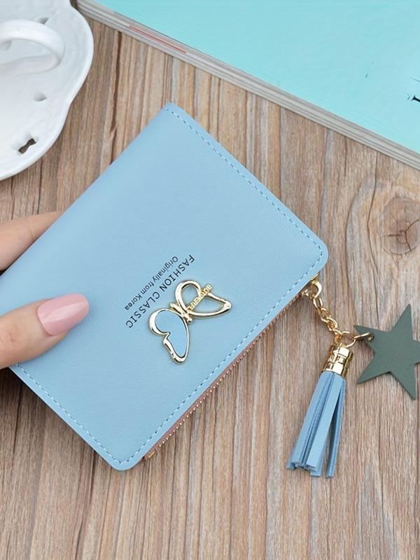 Women's Fashionable Butterfly Decor Tassel Design Short Wallet, Casual Plain Color Zipper Card Holder, Versatile Wallet for Daily Use