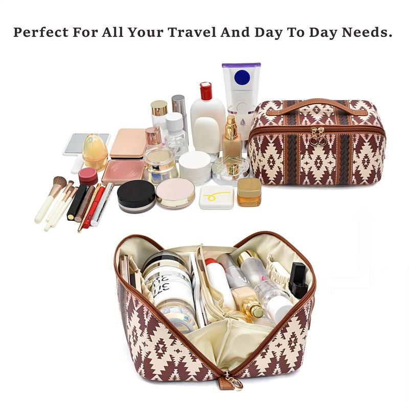 Western Aztec Travel Cosmetic Bag, Bohemian Women Cosmetic Bag, Portable Hand Bag Open Wash Bag, Makeup Organizer with Partition and Handle