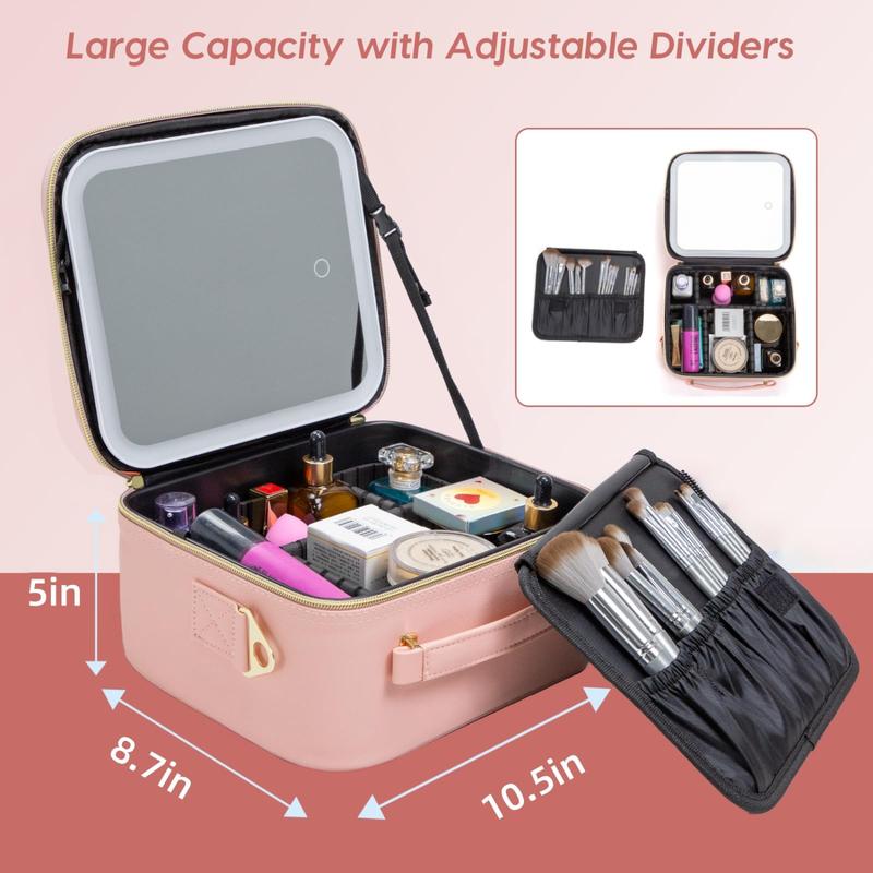 Makeup Bag with LED Mirror, Travel Cosmetic Train Case Organizer, Toiletry Makeup Brushes Storage Case