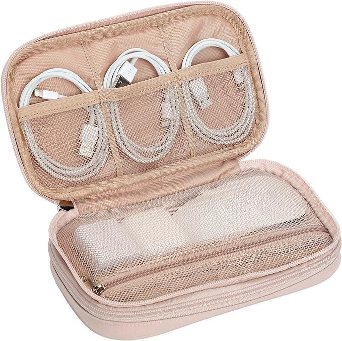 Travel Cord Organizer Case, Double Layers Tech Electronic Case, Travel Essentials for Charger, Cable, Phone, Flash drive, Pink Travel Luggage