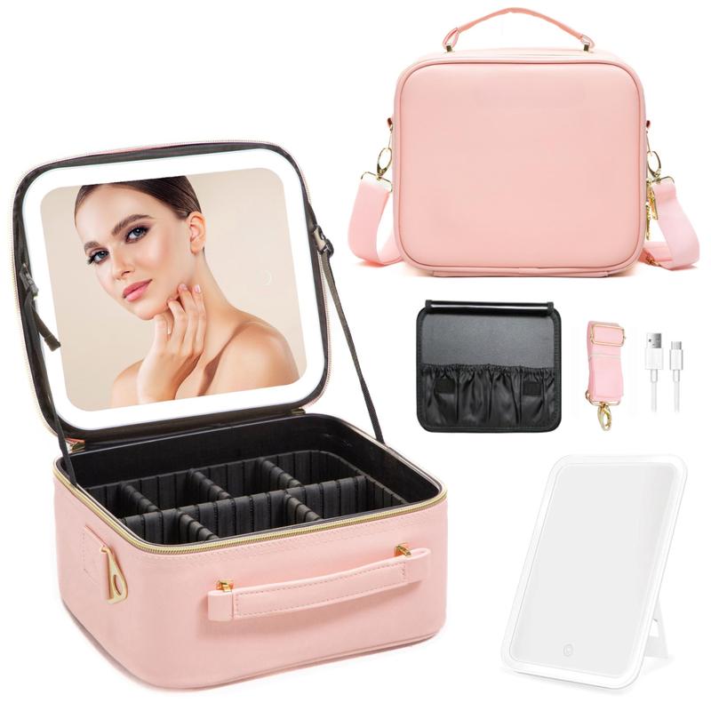 Makeup Bag with LED Mirror, Travel Cosmetic Train Case Organizer, Toiletry Makeup Brushes Storage Case