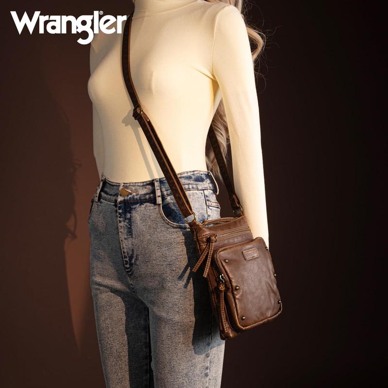 Wrangler Crossbody Bag for Women Soft Leather Multi Pocket Shoulder Bags Vintage Women's Purses and Handbags Gift Brown WG165-1114BR