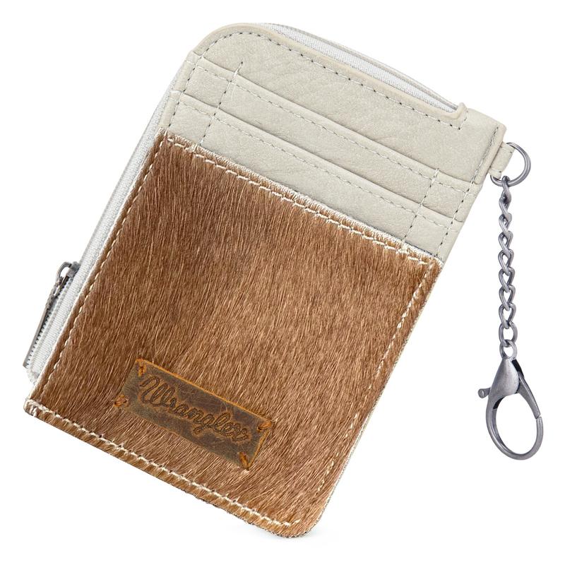 Wrangler Compact Genuine Hair-On Cowhide Mini Zip Card Case with 3 Credit Card Slots and Key Ring