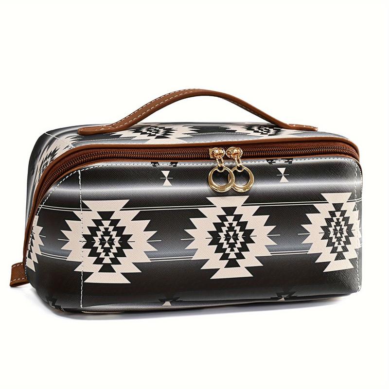 Western Aztec Travel Cosmetic Bag, Bohemian Women Cosmetic Bag, Portable Hand Bag Open Wash Bag, Makeup Organizer with Partition and Handle