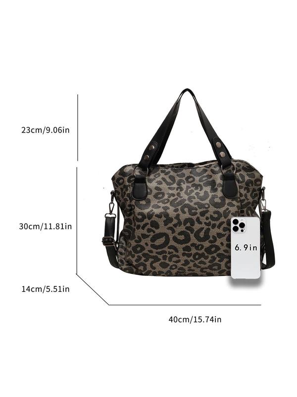 Women's Fashion Leopard Print Rivet Decor Tote Bag, Casual Large Capacity Shoulder Bag for Daily Used, Trendy All-match Bag for Commuters and Students