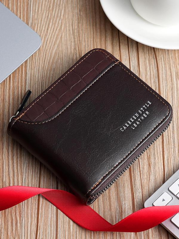 Men's Street Style Letter Pattern Patchwork Zipper Wallet,  Casual Trendy Lychee Pattern Pu Small Wallet, Fashionable Card Holder for Daily Use