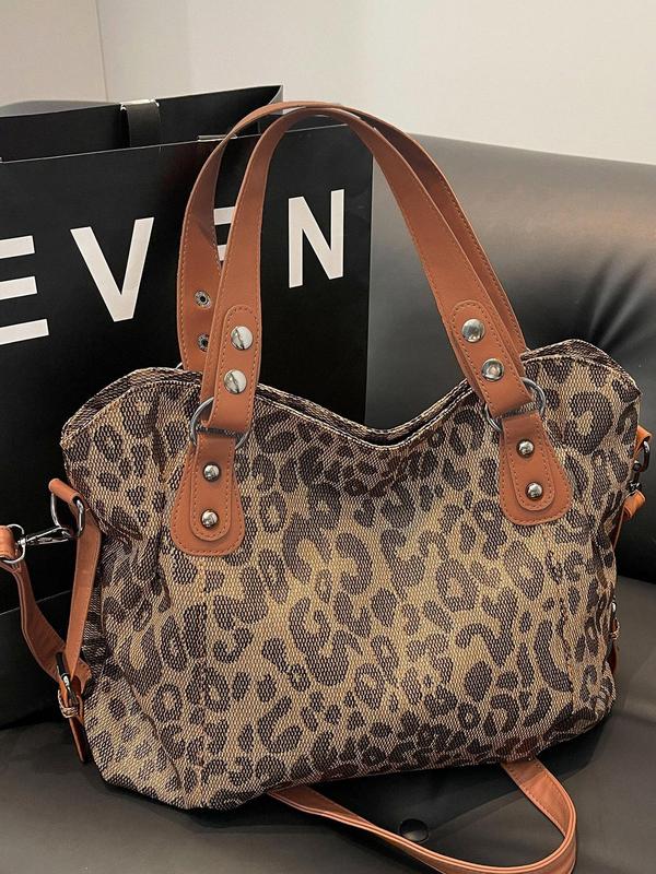 Women's Fashion Leopard Print Rivet Decor Tote Bag, Casual Large Capacity Shoulder Bag for Daily Used, Trendy All-match Bag for Commuters and Students