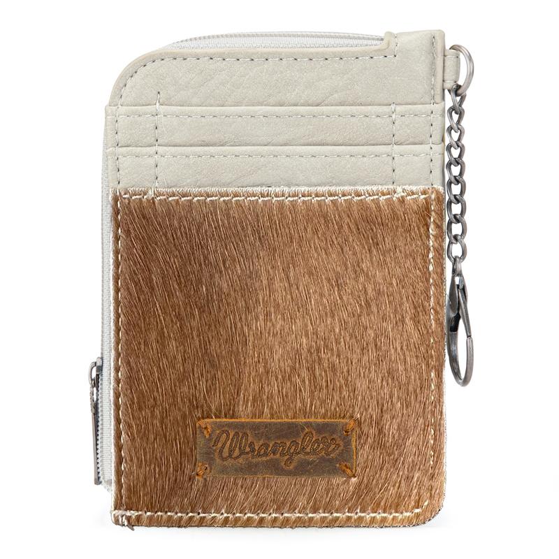 Wrangler Compact Genuine Hair-On Cowhide Mini Zip Card Case with 3 Credit Card Slots and Key Ring