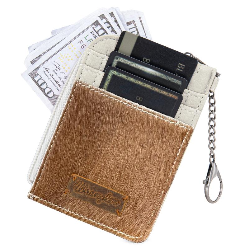 Wrangler Compact Genuine Hair-On Cowhide Mini Zip Card Case with 3 Credit Card Slots and Key Ring