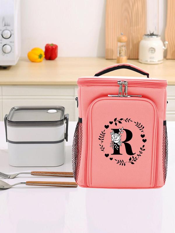 Floral & Initials Letter Pattern Lunch Bag, Portable Insulated Lunch Bag As Gifts, Food Storage Bag, School Bento Organizer, Lunch Box Bag for School Office Outdoor Camping Picnic