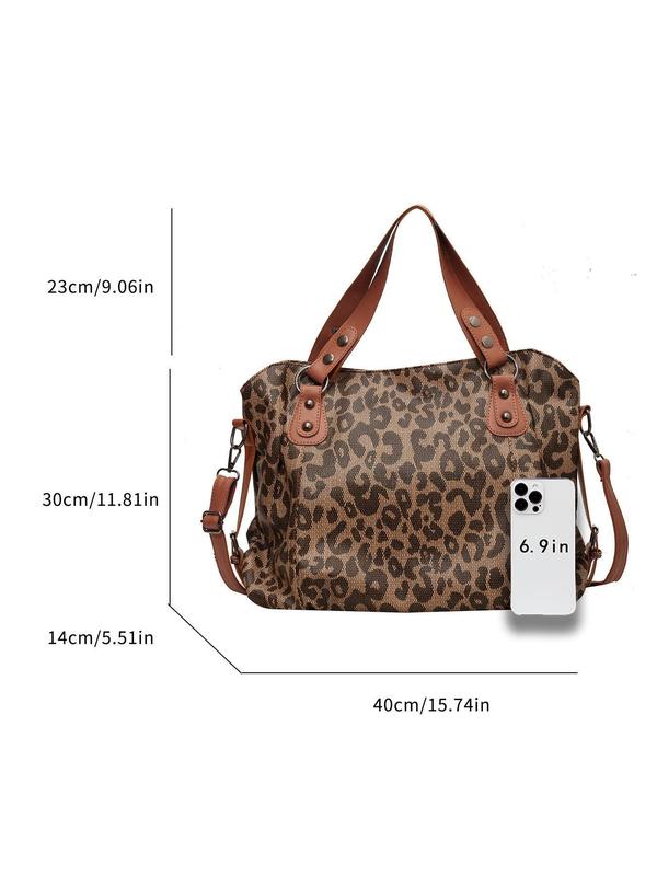 Women's Fashion Leopard Print Rivet Decor Tote Bag, Casual Large Capacity Shoulder Bag for Daily Used, Trendy All-match Bag for Commuters and Students