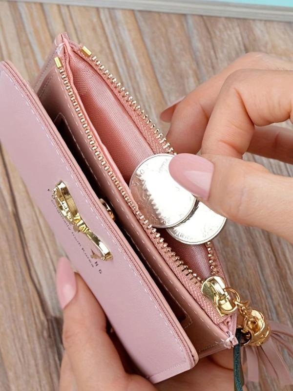 Women's Fashionable Butterfly Decor Tassel Design Short Wallet, Casual Plain Color Zipper Card Holder, Versatile Wallet for Daily Use