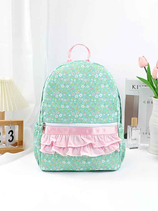 Floral Print Backpack, Cute Ruffle Trim Decor Backpack for Women & Girls, Lightweight Comfortable Student Backpack, Outdoor Casual Backpack