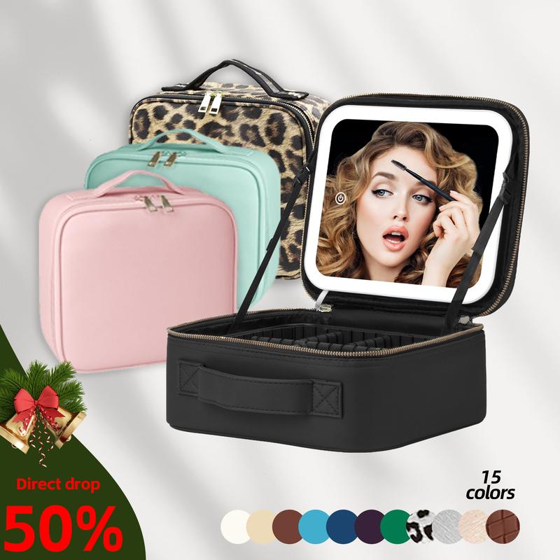 Makeup Bag with LED Mirror multiple color travel makeup bag with Mirror lighted makeup case of 3-colour LED Lighted Makeup Train Case with Adjustable Dividers, Makeup Case with Mirror Makeup bags