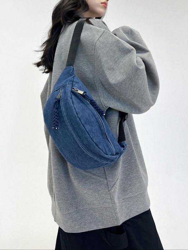 Women's Solid Color Denim Fanny Pack, Fashionable Large Capacity Sling Bag for Daily Used, Casual Trendy Versatile High-quality Daily Commuting Bag