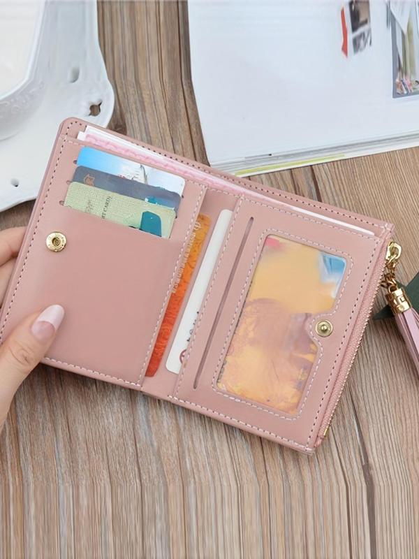 Women's Fashionable Butterfly Decor Tassel Design Short Wallet, Casual Plain Color Zipper Card Holder, Versatile Wallet for Daily Use