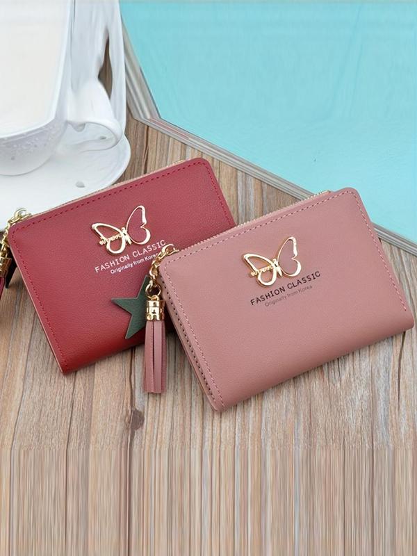 Women's Fashionable Butterfly Decor Tassel Design Short Wallet, Casual Plain Color Zipper Card Holder, Versatile Wallet for Daily Use