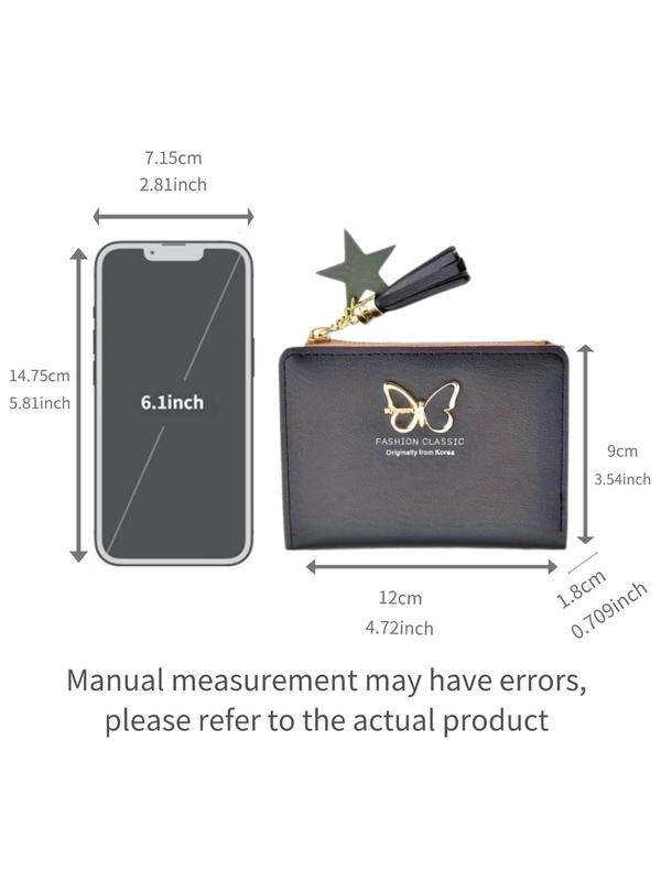 Women's Fashionable Butterfly Decor Tassel Design Short Wallet, Casual Plain Color Zipper Card Holder, Versatile Wallet for Daily Use